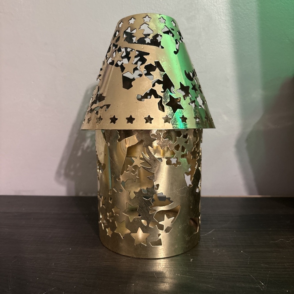 Vintage Brass Punched Ton Candle Holder‎ And Shade With Night Stars Angel